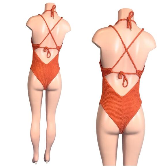 Despi Textured Burnt Orange Halter Underwire One Piece SZ L $198 - Picture 8 of 14